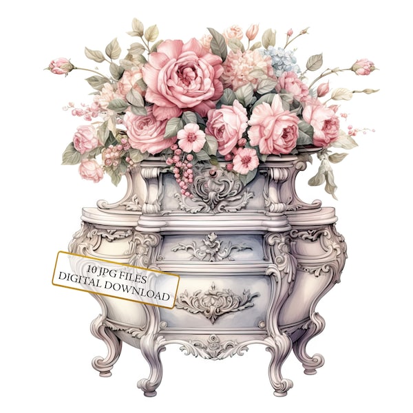 Ornate Rococo Dresser with Pink Roses Clipart Bundle- 10 High Quality Watercolor JPGs- Journaling, Scrapbooking, Digital Download
