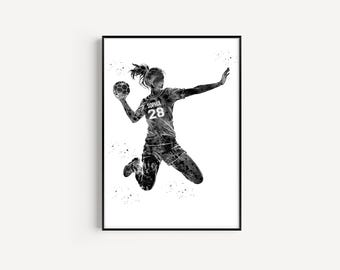 Female Handball Player, Personalized Name and Number, Sport, Watercolor Art Gift, Printable Poster