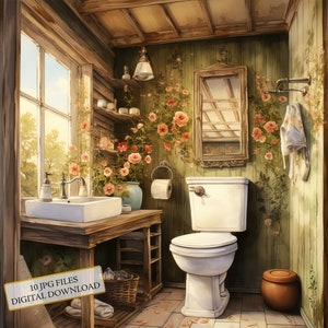 Rustiek toilet met bloemen clipartbundel-10 hoge kwaliteit aquarel JPGs-Home Art, journaling, scrapbook levering, digitale download