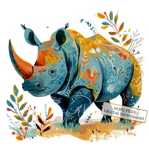 Adorable Rhino Clipart Bundle- 10 High Quality Watercolor JPGs- Baby Animal, Nursery Craft, Journaling, Scrapbook Supply, Digital Download