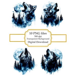 Wolf Howling at Full Moon Above Woods PNG Clipart Bundle- Digital Download
