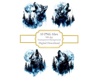Wolf Howling at Full Moon Above Woods PNG Clipart Bundle- Digital Download
