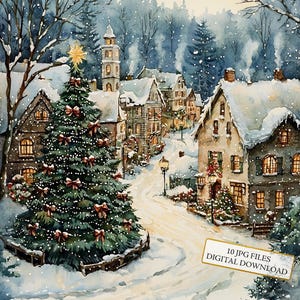 Sapin de Noël dans le village d'hiver enneigé Clipart Bundle-10 JPG aquarelles de haute qualité - journalisation, fournitures de scrapbooking, téléchargement numérique