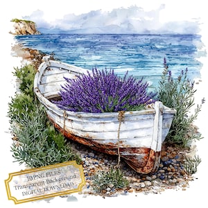 Lavendel in een oude witte boot aan de kust clipartbundel-10 hoge kwaliteit aquarel png's-journaling, scrapbook levering, digitale download
