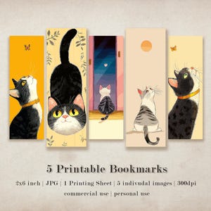 5 feuilles de signets imprimables chat curieux, 5 signets JPG taille 2 x 6, sublimation, ensemble de signets, téléchargement numérique