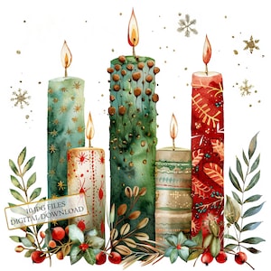 Pacchetto di clipart di candele natalizie scandinave - 10 JPG di acquerelli di alta qualità - Vacanze invernali, diario, scrapbooking, download digitale