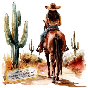 Cowgirl on Horseback in Desert Scenery Clipart Bundle- 10 High Quality Watercolor PNGs- Western, Journaling, Scrapbook, Digital Download