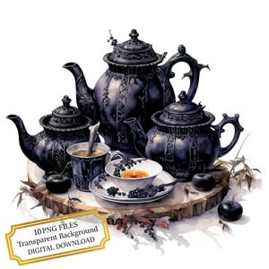 Ensemble de cliparts de service à thé magique de la sorcière noire - 10 PNG aquarelles de haute qualité - sorcière, création artisanale, journalisation, album, téléchargement numérique