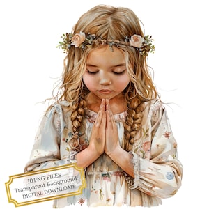 Niña con flores en el pelo rezando: 10 imágenes PNG de acuarela de alta calidad. Material para diario, álbumes de recortes y descarga digital.