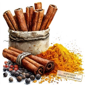 Pacote de clipart de cúrcuma e páprica com paus de canela - 10 JPGs de aquarela de alta qualidade - Culinária, diário, álbum de recortes, download digital