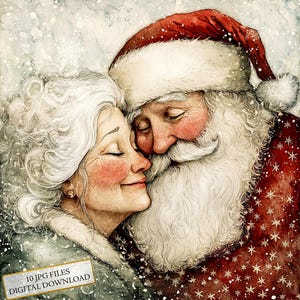 Papai Noel e Sra. Noel se abraçando amorosamente Clipart Bundle - 10 JPGs aquarela de alta qualidade - Diário de Natal, download digital de álbum de recortes