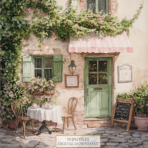 Europees café in smal steegje clipartbundel-10 hoge kwaliteit aquarel jpg's-craft, journaling, scrapbook levering, digitale download