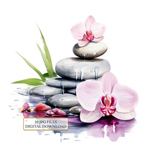 Bundle de cliparts d'art spa pierres zen - 10 JPG aquarelles de haute qualité - salon de beauté, création artistique, journalisation, fourniture de scrapbooking, téléchargement numérique
