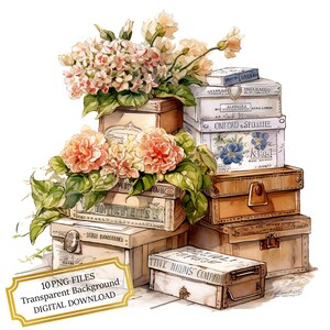 Paquete de imágenes prediseñadas de paquetes postales vintage: 10 PNG de acuarela de alta calidad. Suministros para manualidades, diarios, álbumes de recortes y descarga digital.