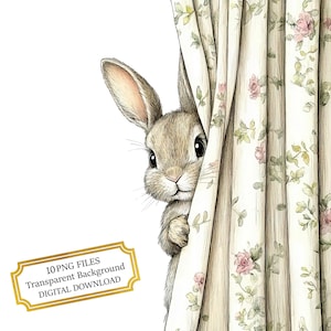 Adorabile coniglietto che sbircia da una tenda floreale - 10 PNG acquerellati di alta qualità - Artigianato, journaling, album, download digitale