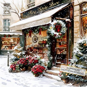 Besneeuwde kerstwinkel voorkant in Parijs clipartbundel-10 hoge kwaliteit aquarel jpg's-winter, journaling, scrapbooking, digitale download