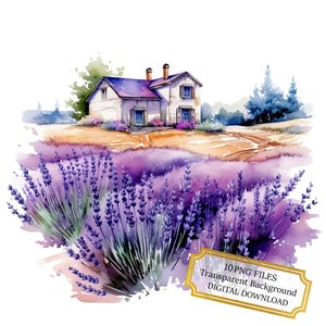 Lavendelveld met een vintage huis clipartbundel-10 hoge kwaliteit aquarel png's-craft, journaling, scrapbook levering, digitale download