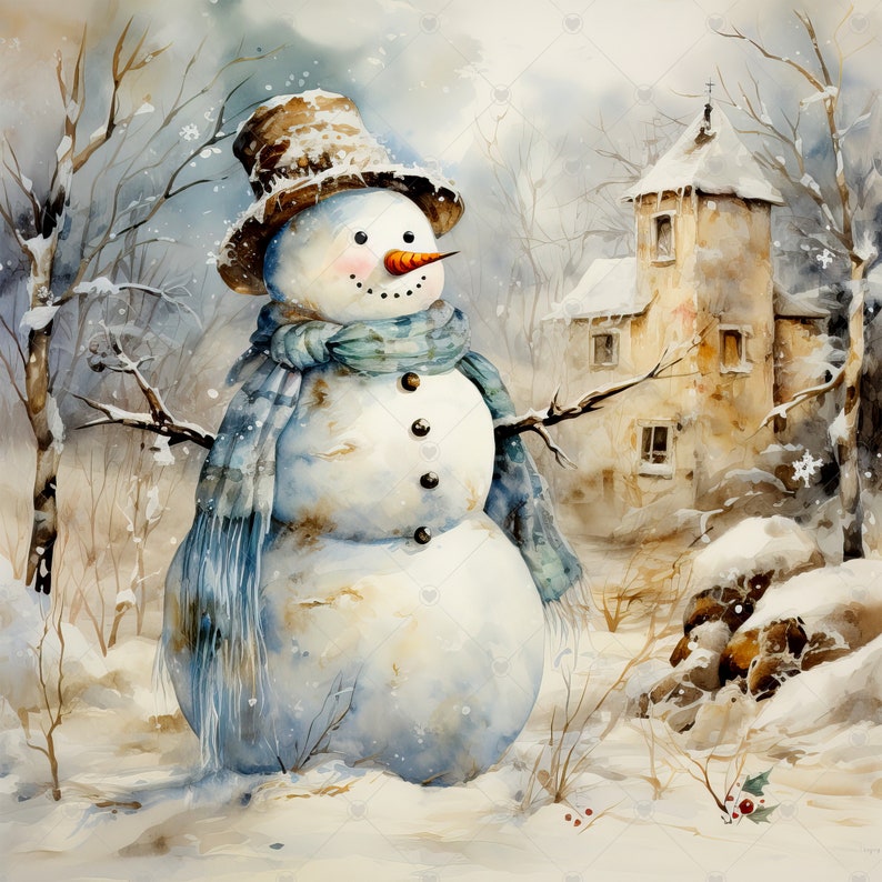 Vintage Shabby Chic Snowman Clipart Bundle 10 High Quality Watercolor