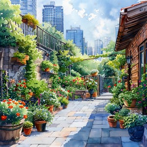Cozy Urban Garden Among Skyscrapers JPG Clipart Bundle- Digital Download image 4