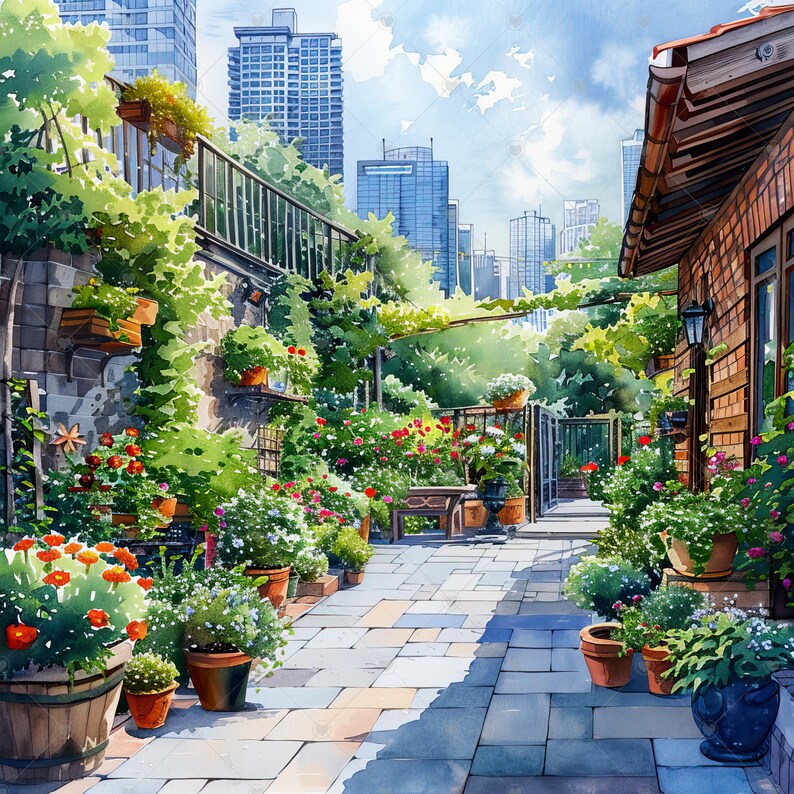 Cozy Urban Garden Among Skyscrapers JPG Clipart Bundle- Digital Download image 4