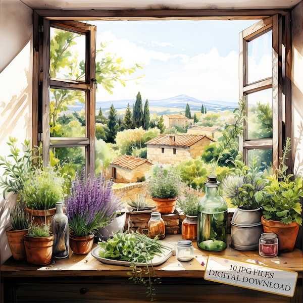 Kitchen Window with Herbs and Countryside Scenery Clipart Bundle- 10 High Quality Watercolor JPGs- Journaling, Scrapbook, Digital Download