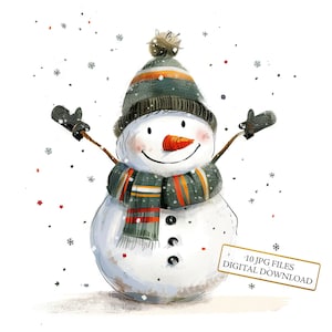 Pacchetto di clipart di pupazzo di neve gioioso - 10 JPG di acquerelli di alta qualità - Natale, asilo nido, diario, forniture per album, download digitale