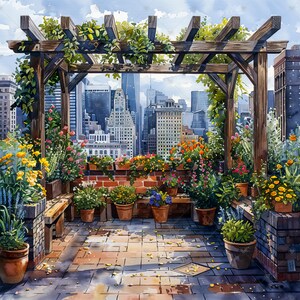 Cozy Urban Garden Among Skyscrapers JPG Clipart Bundle- Digital Download image 11