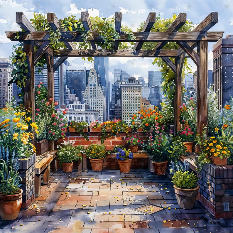Cozy Urban Garden Among Skyscrapers JPG Clipart Bundle- Digital Download image 11