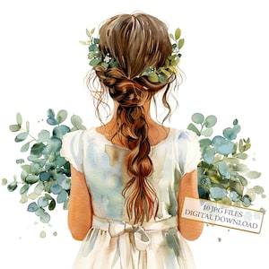 Hochzeit Blumenmädchen mit Eukalyptus Blumenstrauß, Clipart Bundle - 10 hochwertige Aquarell JPGs - Journaling, Scrapbooking, digitaler Download