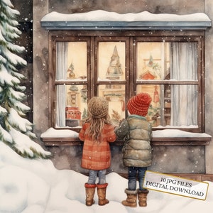 Paquete de imágenes prediseñadas de niños en la nieve mirando por la ventana: 10 imágenes JPG de acuarela de alta calidad. Para diario, álbum de recortes y descarga digital.