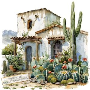 Wüstenhaus mit Kakteen Clipart Bundle - 10 hochwertige Aquarell JPGs - Western, Junk Journaling, Scrapbooking, digitaler Download