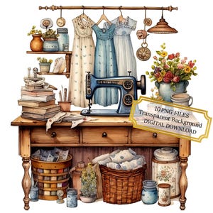 Vintage Tailor Shop Clipart Bundle - 10 hochwertige Aquarell PNGs - Basteln, Journaling, Scrapbooking, digitaler Download