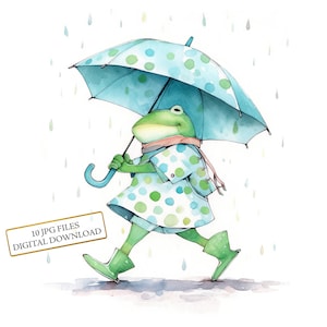 Frosch-Kind im Regen mit Regenschirm-Clipart-Bundle - 10 hochwertige Aquarell JPGs - Cottage Art, Journaling, Scrapbook, digitaler Download