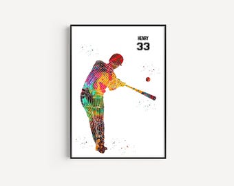 Male Baseball Player, Personalized Name and Number, Sport, Watercolor Art Gift, Printable Poster