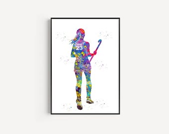 Female Field Hockey Player, Personalized Name and Number, Sport, Watercolor Art Gift, Printable Poster