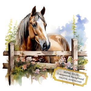 Pferd auf der Suche über einen alten Holzzaun Clipart Bundle - 10 hochwertige Aquarell PNGs - Landschaft, Journaling, Scrapbook, digitaler Download