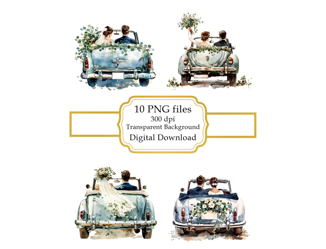Bride and Groom in Just Married Wedding Car PNG Clipart Bundle- Digital ...