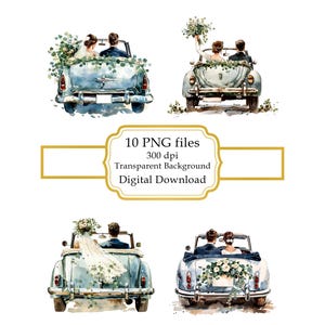 結婚したばかりのウェディングカーに乗った新郎新婦のPNGクリップアート集 - デジタルダウンロード