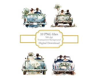 Bride and Groom in Just Married Wedding Car PNG Clipart Bundle- Digital Download