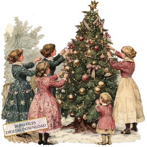 Vintage kinderen versieren de kerstboom clipartbundel-10 hoge kwaliteit aquarel jpg's-journaling, scrapbooking, digitale download