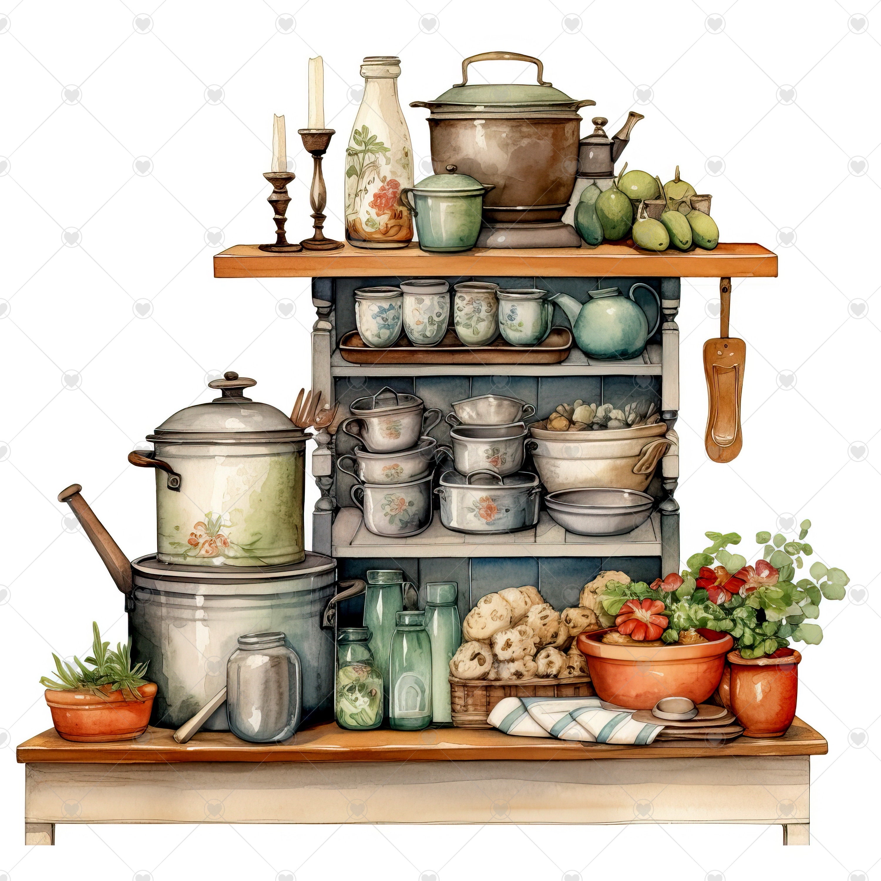 Kitchen Dishes, Vintage Utensils, Watercolor Clipart, Wood Old Things,  Wooden Cupboard, Coffee Pot, Kettle, Bakeware, Milkman, Digital PNG 