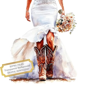 Bundle de cliparts mariée en robe de mariée et bottes de cow-girl - 10 PNG aquarelles de haute qualité - Western, journalisation, album, téléchargement numérique