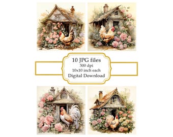 Shabby Chic Floral Chicken Coop JPG Clipart Bundle- Digital Download