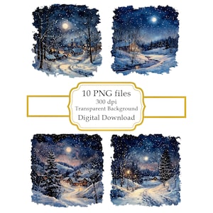 Snowy Night Scenery Under Full Moon PNG Clipart Bundle- Digital Download