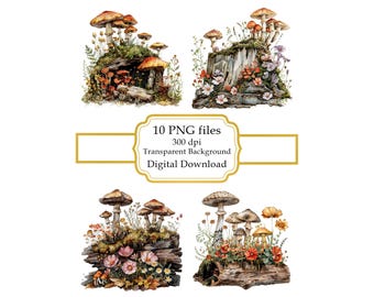 Mushrooms and Moss on a Tree Stump PNG Clipart Bundle- Digital Download