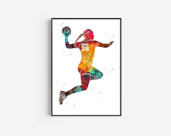 Female Handball Player, Personalized Name and Number, Sport, Watercolor Art Gift, Printable Poster