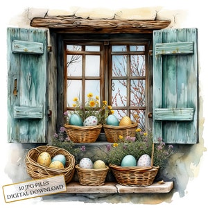 Landfenster mit Ostereikörben Clipart Bundle - 10 hochwertige Aquarell JPGs - Handwerk, Journaling, Scrapbook Versorgung, digitaler Download