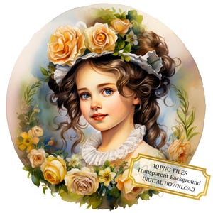 Vintage Little Girl Portrait Clipart Bundle- 10 High Quality Watercolor PNGs- Journaling, Scrapbooking, Digital Download