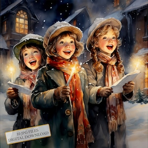 Schattige kinderen zingen kerstliederen clipart bundel-10 hoge kwaliteit aquarel jpg's-journaling, scrapbook levering digitale download