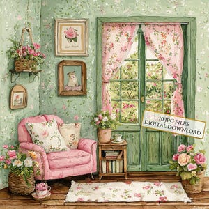 Pakiet clipartów do wnętrz wiktoriańskich domków dla lalek - 10 wysokiej jakości akwareli JPG - Vintage, rękodzieło, dziennikarstwo, scrapbooking, pobieranie cyfrowe